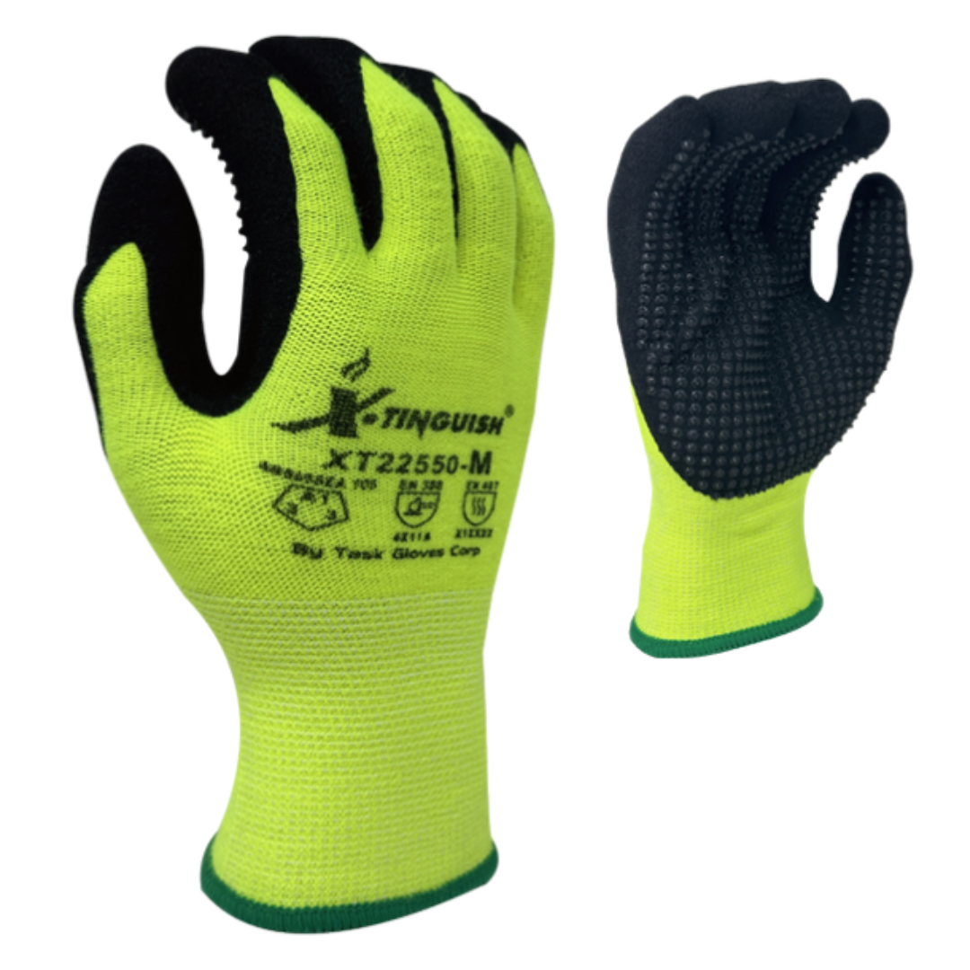 XT22550-12PK : XTinguish 13 Gauge Hi-Vis Yellow Acrylic, Polyester Terry Cloth inner lined, Black Sandy Nitrile palm coated with Nitrile dots, 12-Pack