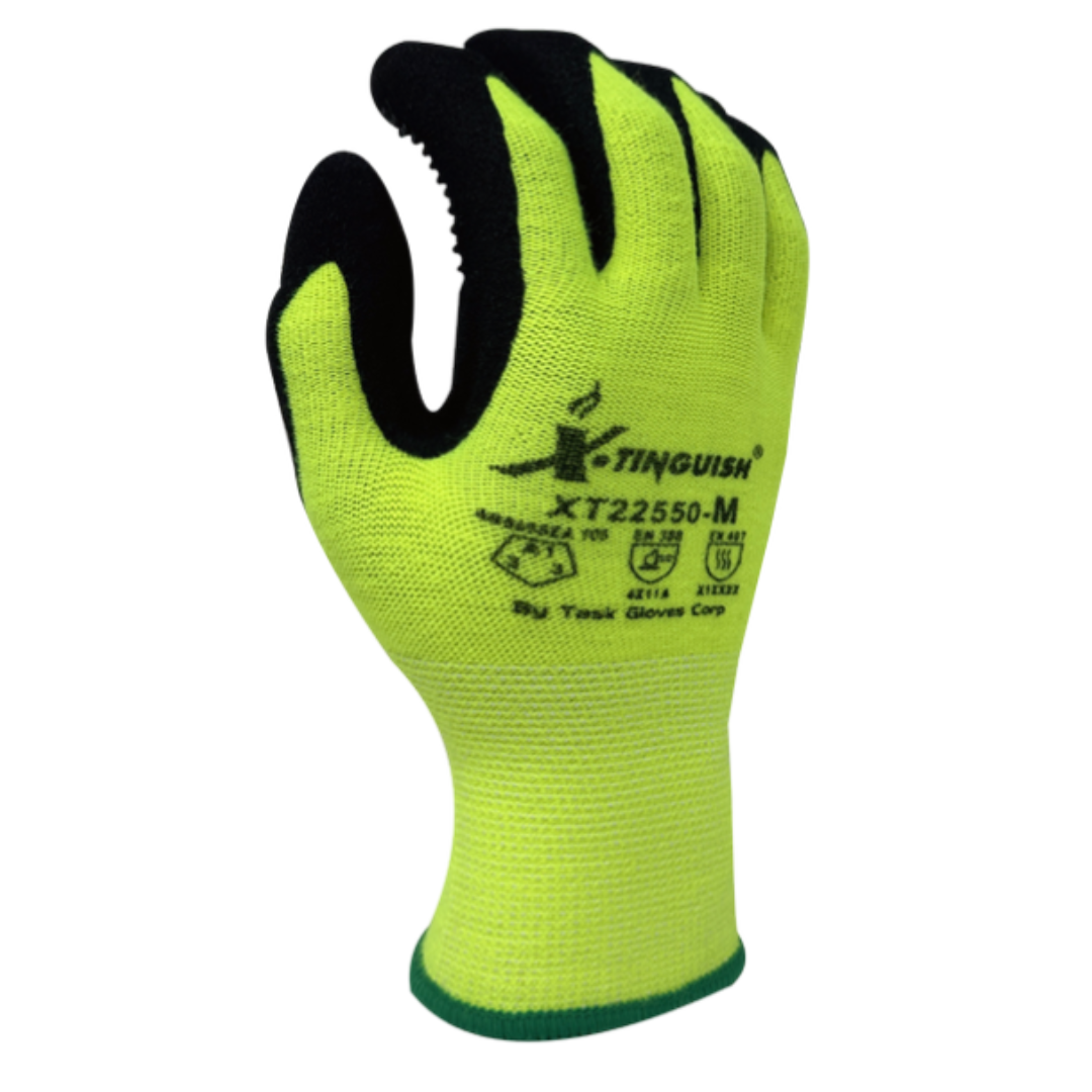 XT22550-12PK : XTinguish 13 Gauge Hi-Vis Yellow Acrylic, Polyester Terry Cloth inner lined, Black Sandy Nitrile palm coated with Nitrile dots, 12-Pack
