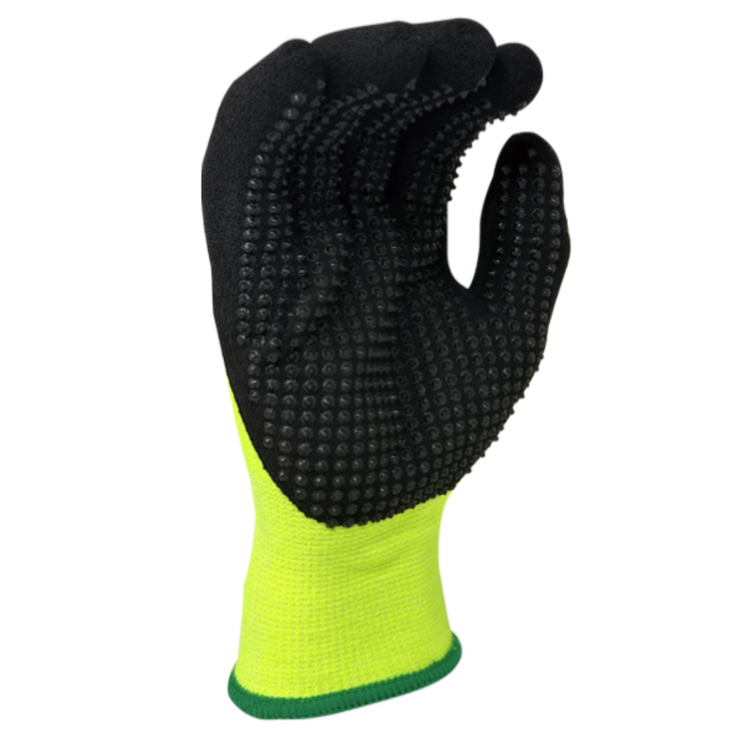 XT22550-12PK : XTinguish 13 Gauge Hi-Vis Yellow Acrylic, Polyester Terry Cloth inner lined, Black Sandy Nitrile palm coated with Nitrile dots, 12-Pack