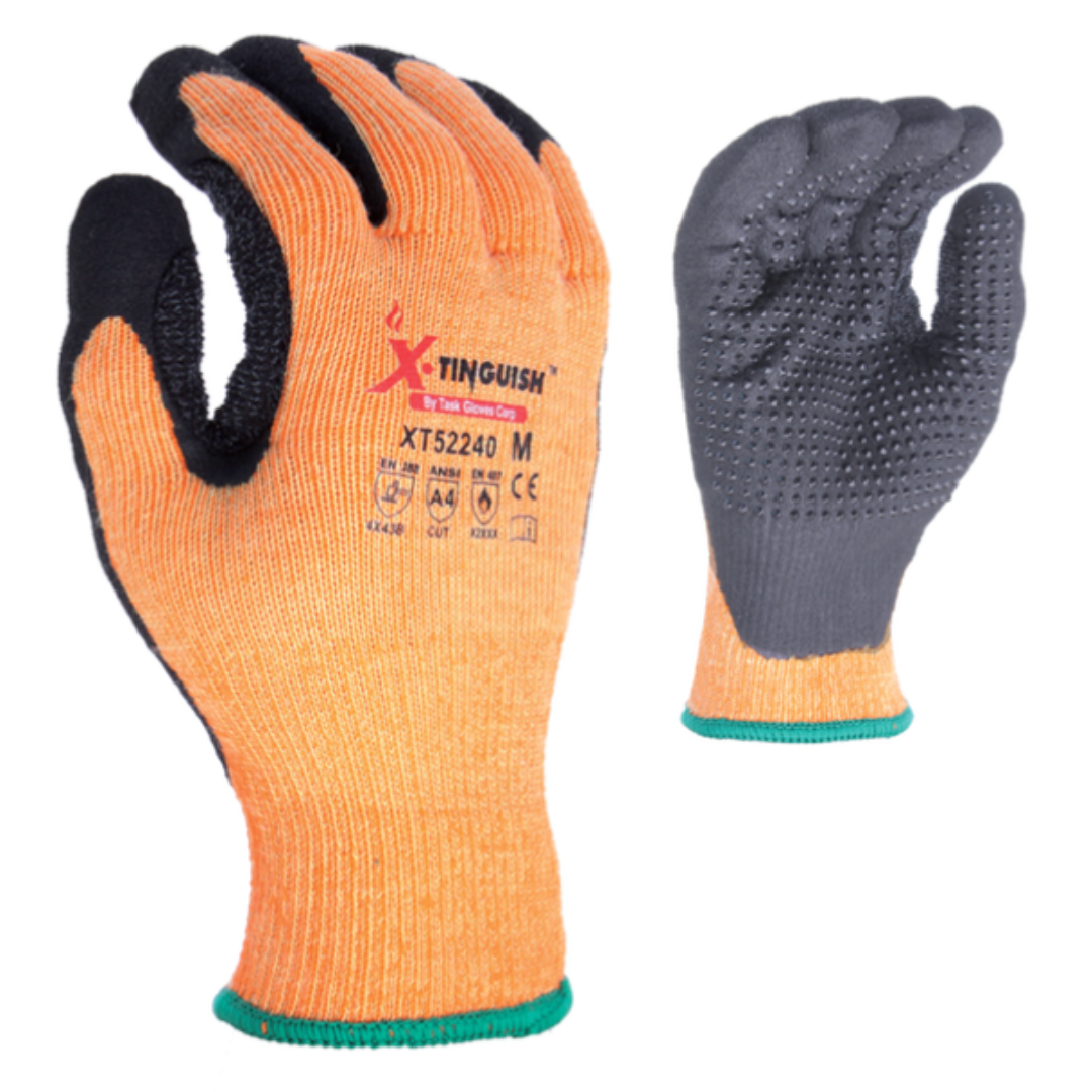 XT52240-12PK : XTinguish 10 Gauge Aramid shell, Polyester terry cloth inner lined, Black Sandy Nitrile palm coated with Nitrile dots, ANSI Cut A4, 12-Pack