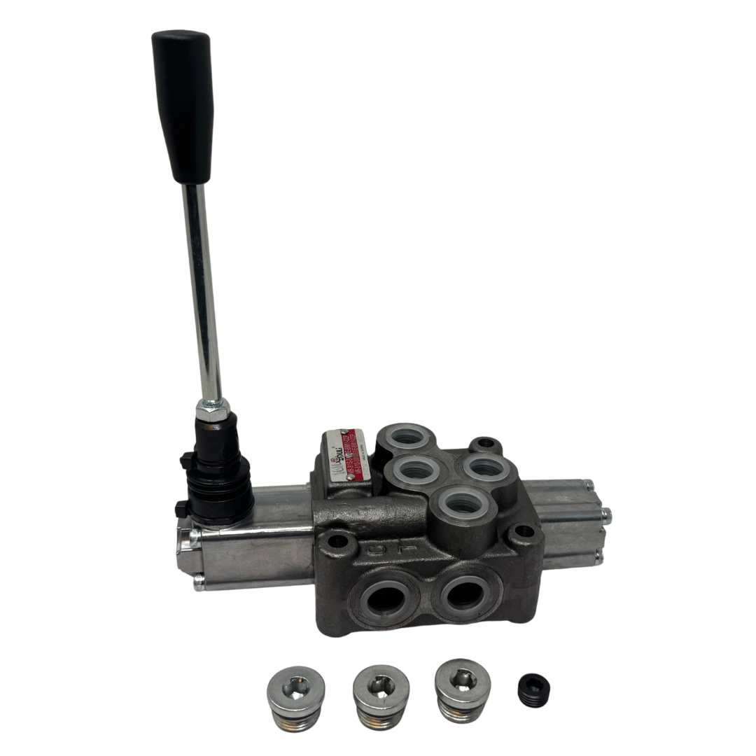 MB-3/1S-3/161L/E-8 : Youli Monoblock Directional Control Valve, 1-Section, 12GPM, 4600psi, with Direct Adjustable 900 to 2900psi Relief, Double Acting, 3-Positions, A&B Blocked, SAE #8 Ports, Detented Lever Handle, Open Center