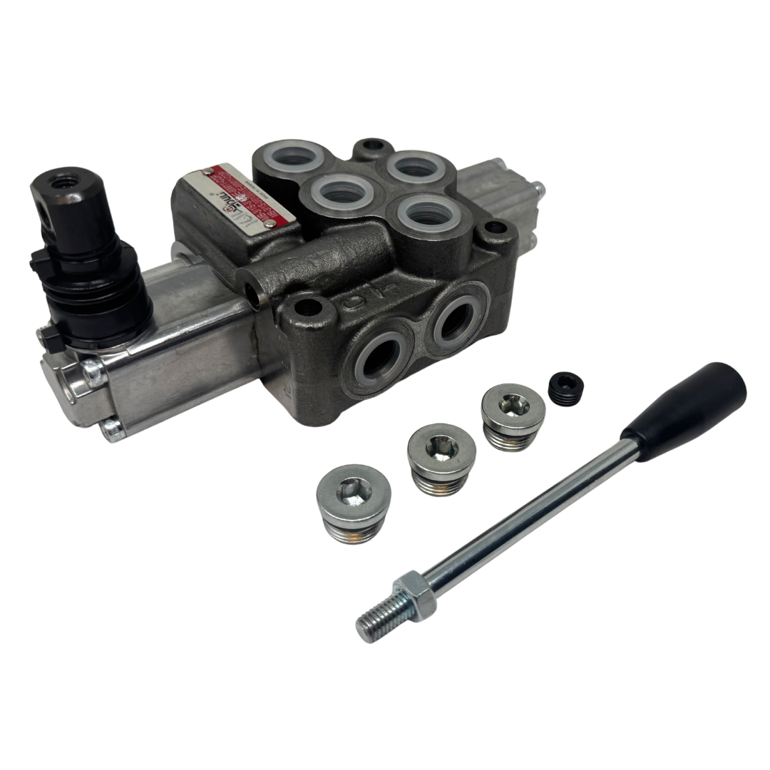MB-3/1S-3/161L/E-8 : Youli Monoblock Directional Control Valve, 1-Section, 12GPM, 4600psi, with Direct Adjustable 900 to 2900psi Relief, Double Acting, 3-Positions, A&B Blocked, SAE #8 Ports, Detented Lever Handle, Open Center