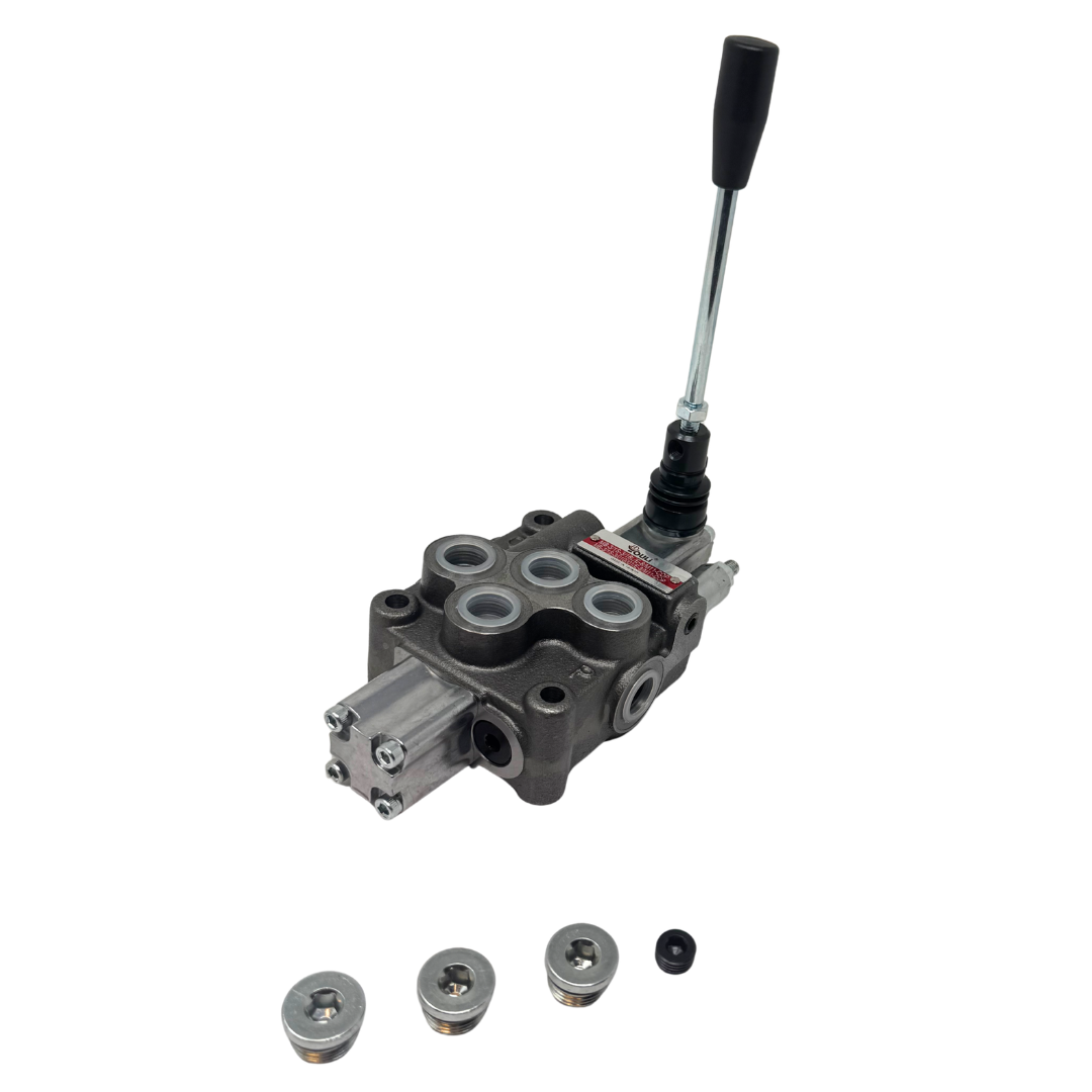 MB-3/1S-3/18L/E-8 : Youli Monoblock Directional Control Valve, 1-Section, 12GPM, 4600psi, with Direct Adjustable 900 to 2900psi Relief, Double Acting, 3-Positions, A&B Blocked, SAE #8 Ports, Spring Center, Lever Handle, Open Center