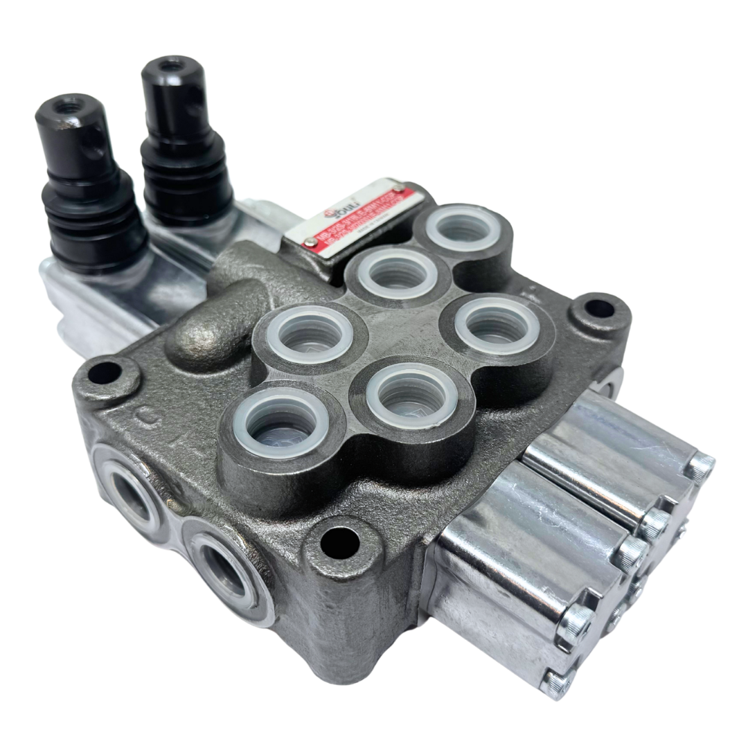 MB-3/2S-3/18L/E-8 : Youli Monoblock Directional Control Valve, 2-Section, 12GPM, 4600psi, with Direct Adjustable 900 to 2900psi Relief, Double Acting, 3-Positions, A&B Blocked, SAE #8 Ports, Lever Handle, Open Center