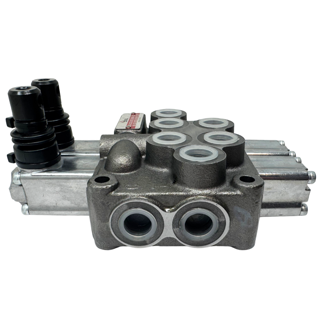 MB-3/2S-3/18L/E-8 : Youli Monoblock Directional Control Valve, 2-Section, 12GPM, 4600psi, with Direct Adjustable 900 to 2900psi Relief, Double Acting, 3-Positions, A&B Blocked, SAE #8 Ports, Lever Handle, Open Center