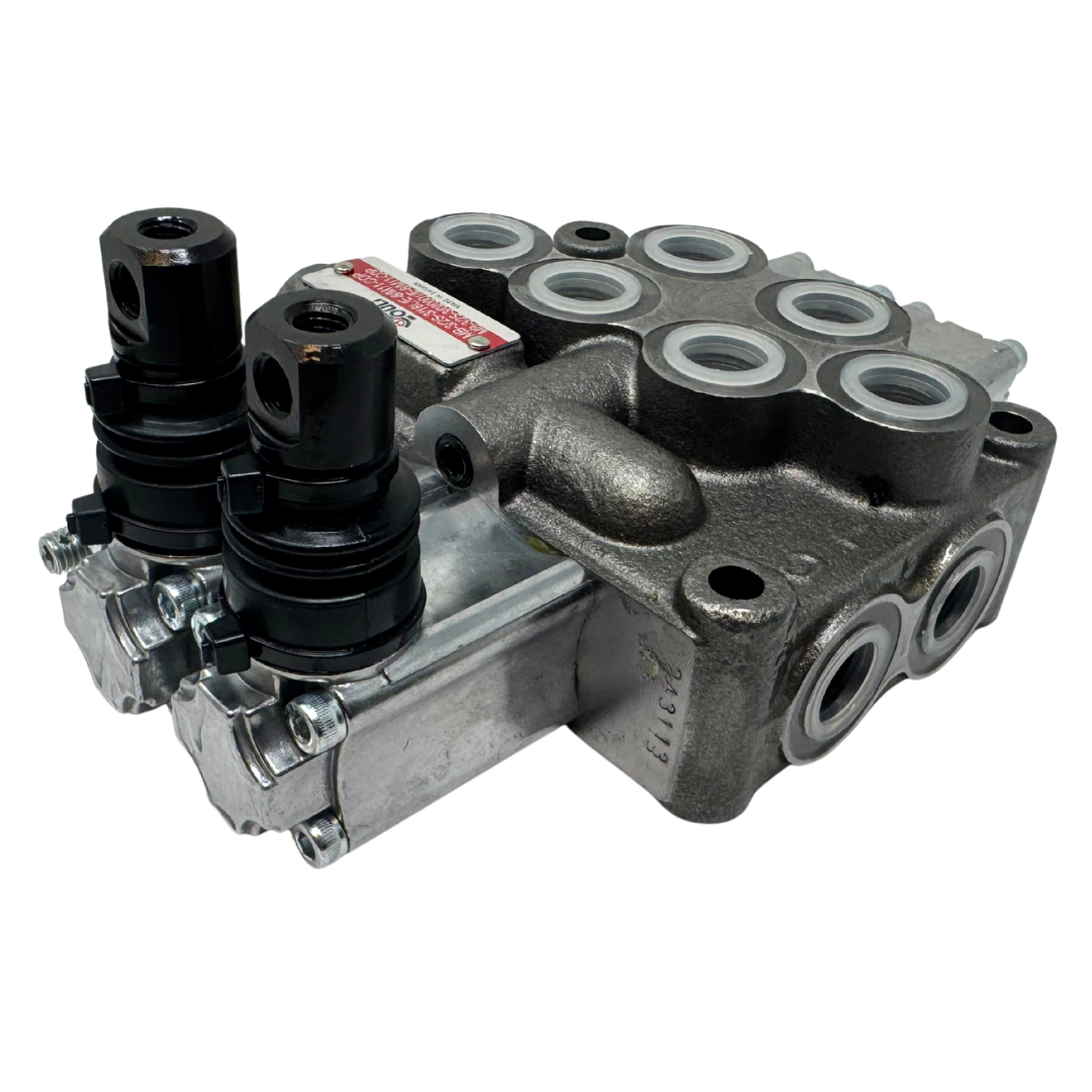 MB-3/2S-3/18L/E-8 : Youli Monoblock Directional Control Valve, 2-Section, 12GPM, 4600psi, with Direct Adjustable 900 to 2900psi Relief, Double Acting, 3-Positions, A&B Blocked, SAE #8 Ports, Lever Handle, Open Center