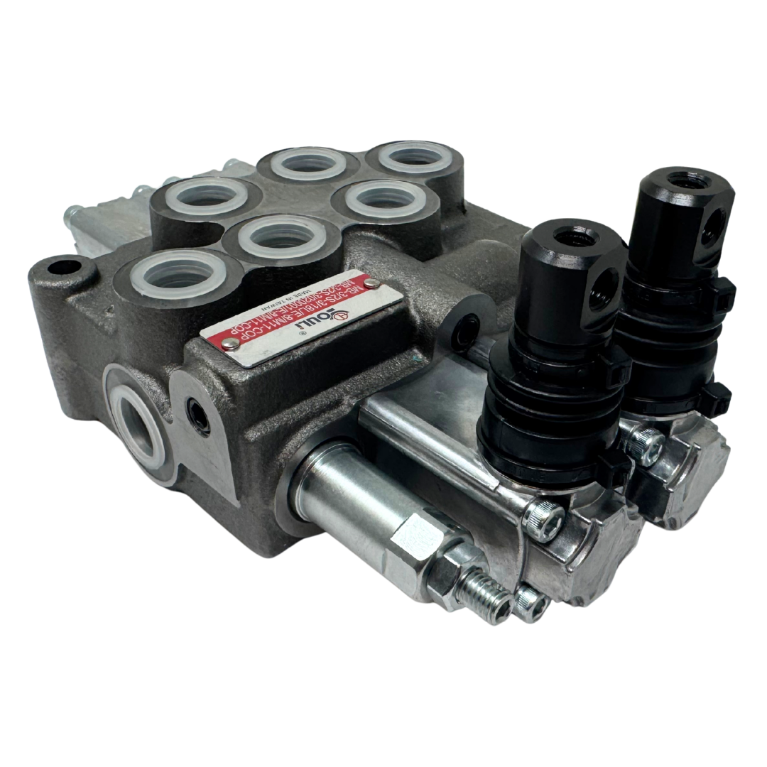 MB-3/2S-3/18L/E-8 : Youli Monoblock Directional Control Valve, 2-Section, 12GPM, 4600psi, with Direct Adjustable 900 to 2900psi Relief, Double Acting, 3-Positions, A&B Blocked, SAE #8 Ports, Lever Handle, Open Center
