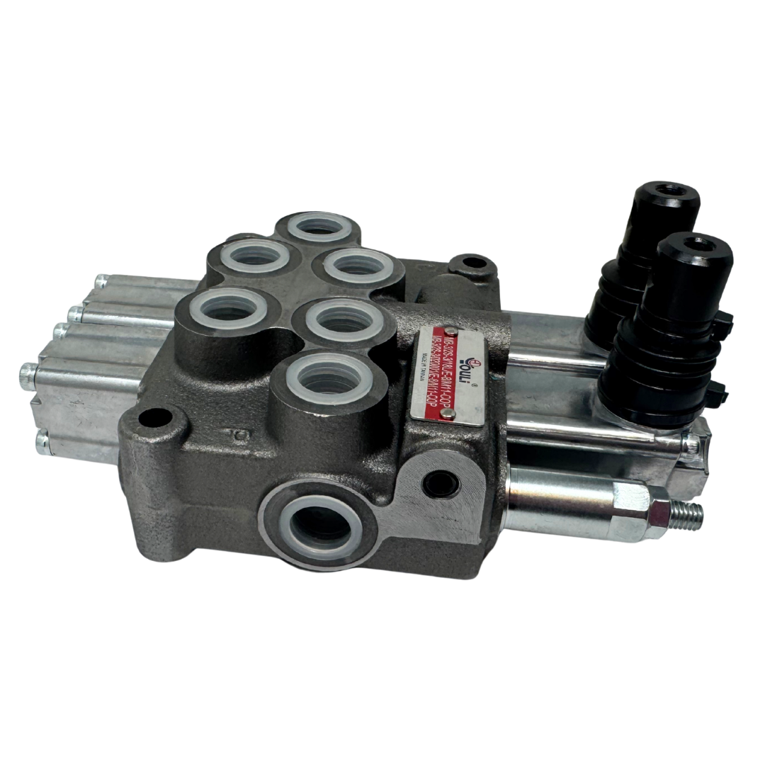 MB-3/2S-3/18L/E-8 : Youli Monoblock Directional Control Valve, 2-Section, 12GPM, 4600psi, with Direct Adjustable 900 to 2900psi Relief, Double Acting, 3-Positions, A&B Blocked, SAE #8 Ports, Lever Handle, Open Center