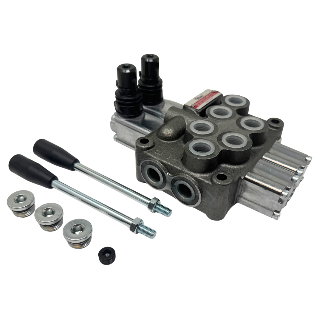 MB-3/2S-3/18L/E-8 : Youli Monoblock Directional Control Valve, 2-Section, 12GPM, 4600psi, with Direct Adjustable 900 to 2900psi Relief, Double Acting, 3-Positions, A&B Blocked, SAE #8 Ports, Lever Handle, Open Center