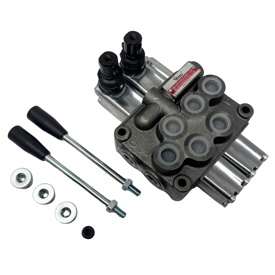 MB-3/2S-3/18L/E-8 : Youli Monoblock Directional Control Valve, 2-Section, 12GPM, 4600psi, with Direct Adjustable 900 to 2900psi Relief, Double Acting, 3-Positions, A&B Blocked, SAE #8 Ports, Lever Handle, Open Center