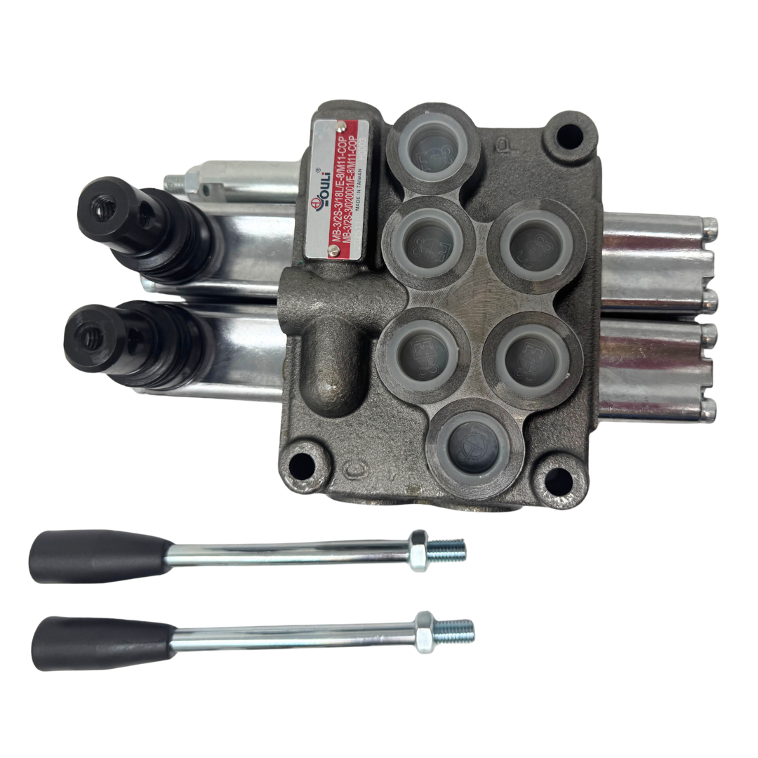 MB-3/2S-3/18L/E-8 : Youli Monoblock Directional Control Valve, 2-Section, 12GPM, 4600psi, with Direct Adjustable 900 to 2900psi Relief, Double Acting, 3-Positions, A&B Blocked, SAE #8 Ports, Lever Handle, Open Center