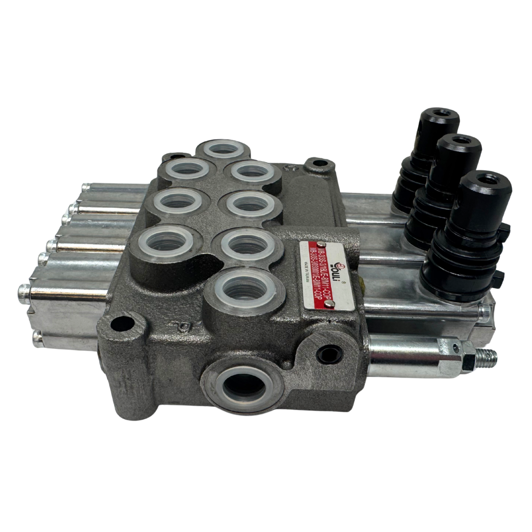 MB-3/3S-3/18L/E-8 : Youli Monoblock Directional Control Valve, 3-Section, 12GPM, 4600psi, with Direct Adjustable 900 to 2900psi Relief, Double Acting, 3-Positions, A&B Blocked, SAE #8 Ports, Spring Center, Lever Handle, Open Center