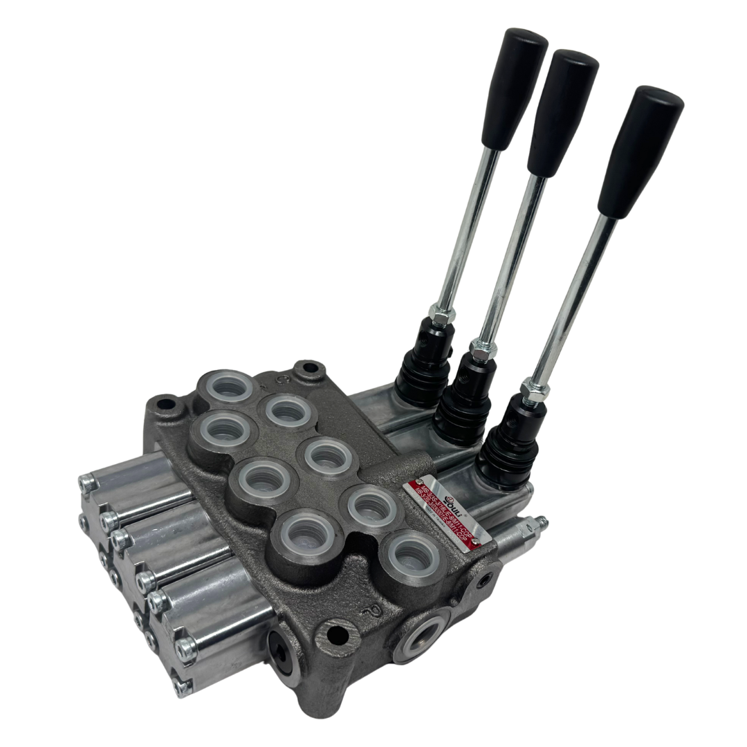 MB-3/3S-3/18L/E-8 : Youli Monoblock Directional Control Valve, 3-Section, 12GPM, 4600psi, with Direct Adjustable 900 to 2900psi Relief, Double Acting, 3-Positions, A&B Blocked, SAE #8 Ports, Spring Center, Lever Handle, Open Center