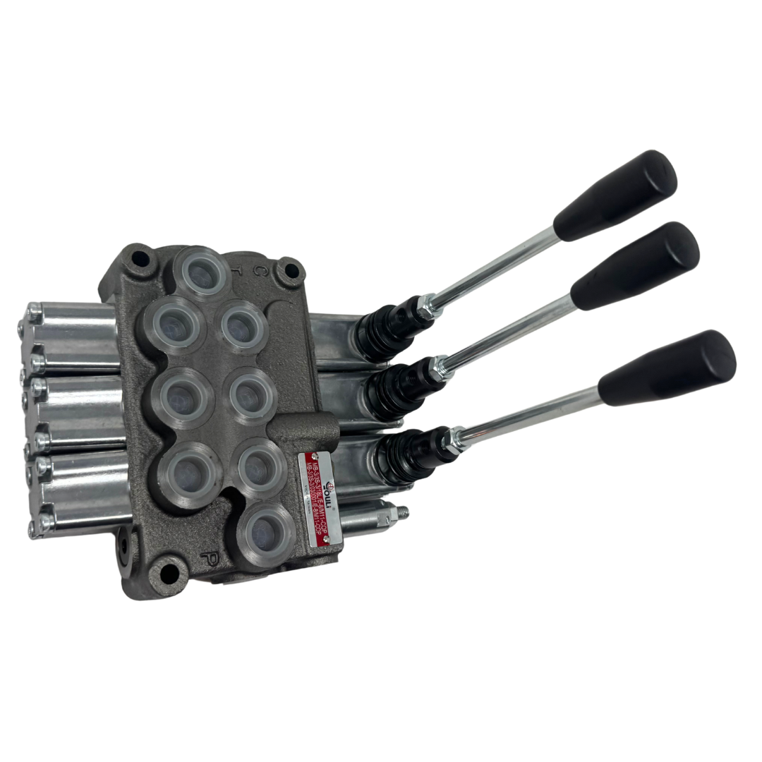 MB-3/3S-3/18L/E-8 : Youli Monoblock Directional Control Valve, 3-Section, 12GPM, 4600psi, with Direct Adjustable 900 to 2900psi Relief, Double Acting, 3-Positions, A&B Blocked, SAE #8 Ports, Spring Center, Lever Handle, Open Center