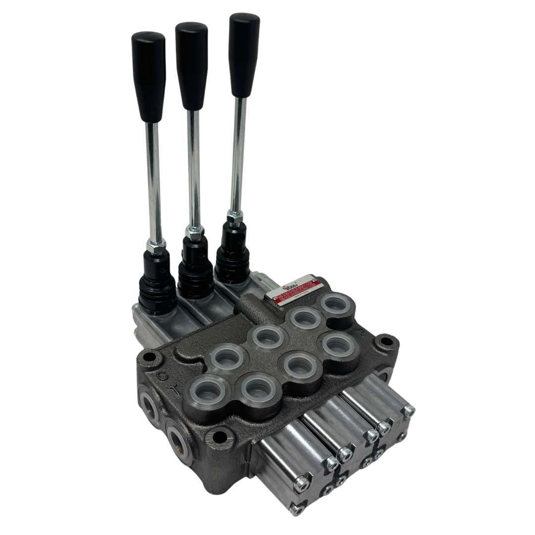 MB-3/3S-3/18L/E-8 : Youli Monoblock Directional Control Valve, 3-Section, 12GPM, 4600psi, with Direct Adjustable 900 to 2900psi Relief, Double Acting, 3-Positions, A&B Blocked, SAE #8 Ports, Spring Center, Lever Handle, Open Center