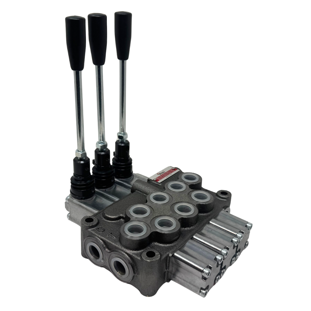 MB-3/3S-3/18L/E-8 : Youli Monoblock Directional Control Valve, 3-Section, 12GPM, 4600psi, with Direct Adjustable 900 to 2900psi Relief, Double Acting, 3-Positions, A&B Blocked, SAE #8 Ports, Spring Center, Lever Handle, Open Center
