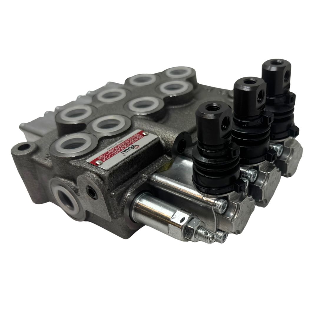 MB-3/3S-3/18L/E-8 : Youli Monoblock Directional Control Valve, 3-Section, 12GPM, 4600psi, with Direct Adjustable 900 to 2900psi Relief, Double Acting, 3-Positions, A&B Blocked, SAE #8 Ports, Spring Center, Lever Handle, Open Center