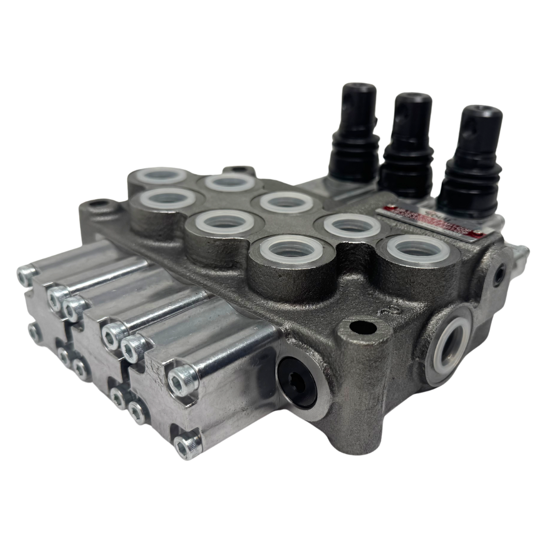 MB-3/3S-3/18L/E-8 : Youli Monoblock Directional Control Valve, 3-Section, 12GPM, 4600psi, with Direct Adjustable 900 to 2900psi Relief, Double Acting, 3-Positions, A&B Blocked, SAE #8 Ports, Spring Center, Lever Handle, Open Center