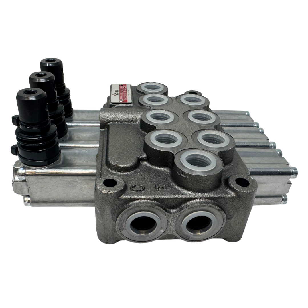 MB-3/3S-3/18L/E-8 : Youli Monoblock Directional Control Valve, 3-Section, 12GPM, 4600psi, with Direct Adjustable 900 to 2900psi Relief, Double Acting, 3-Positions, A&B Blocked, SAE #8 Ports, Spring Center, Lever Handle, Open Center