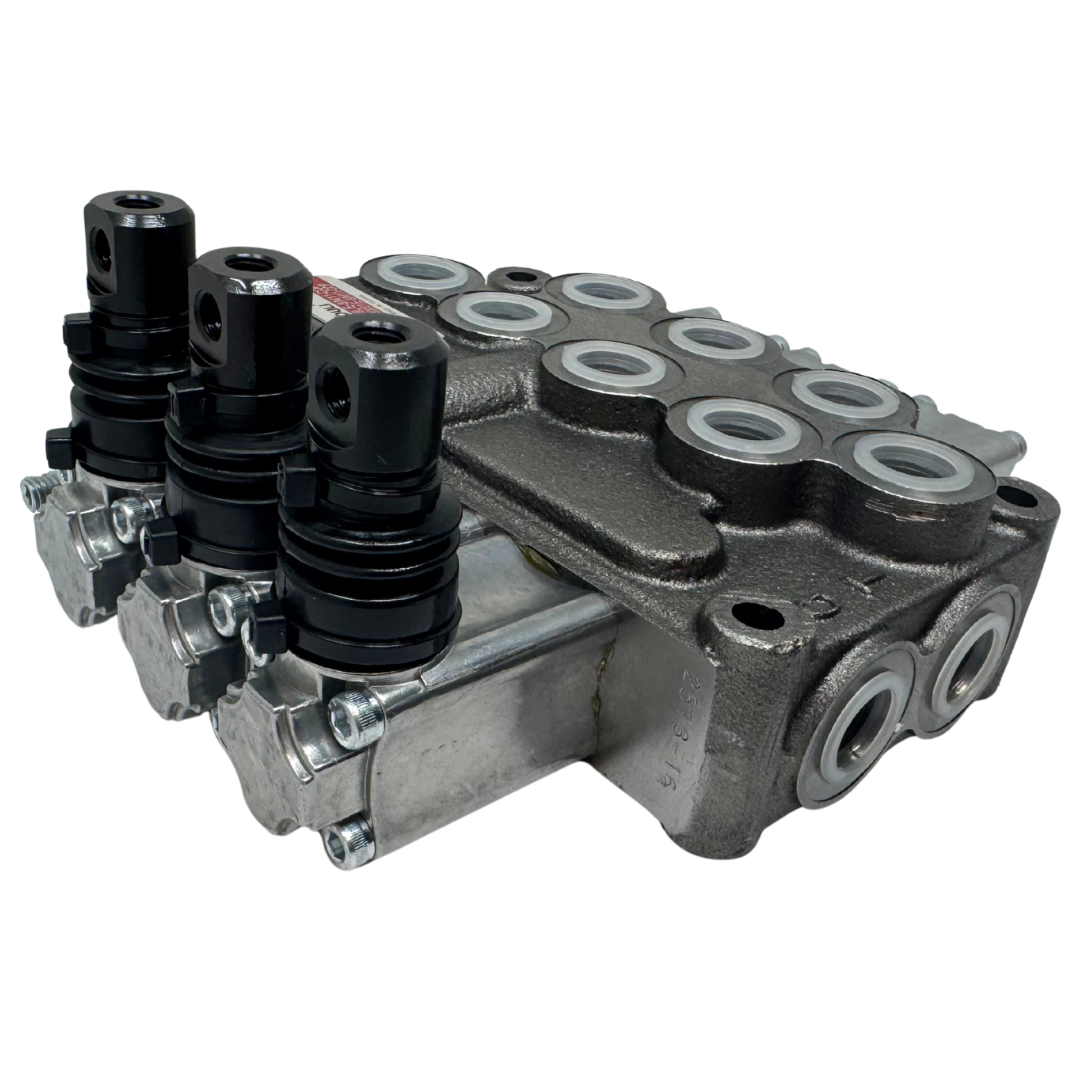 MB-3/3S-3/18L/E-8 : Youli Monoblock Directional Control Valve, 3-Section, 12GPM, 4600psi, with Direct Adjustable 900 to 2900psi Relief, Double Acting, 3-Positions, A&B Blocked, SAE #8 Ports, Spring Center, Lever Handle, Open Center