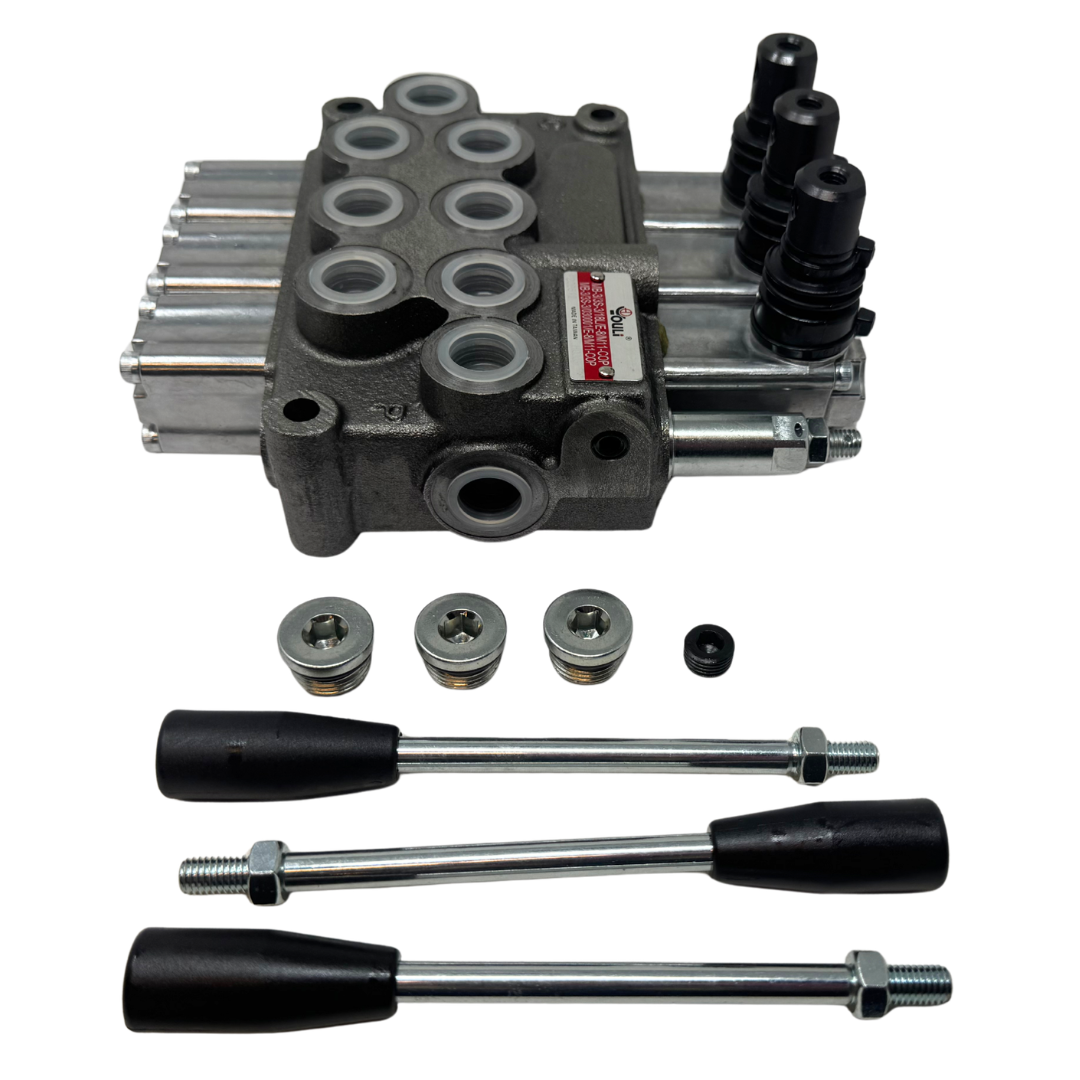 MB-3/3S-3/18L/E-8 : Youli Monoblock Directional Control Valve, 3-Section, 12GPM, 4600psi, with Direct Adjustable 900 to 2900psi Relief, Double Acting, 3-Positions, A&B Blocked, SAE #8 Ports, Spring Center, Lever Handle, Open Center