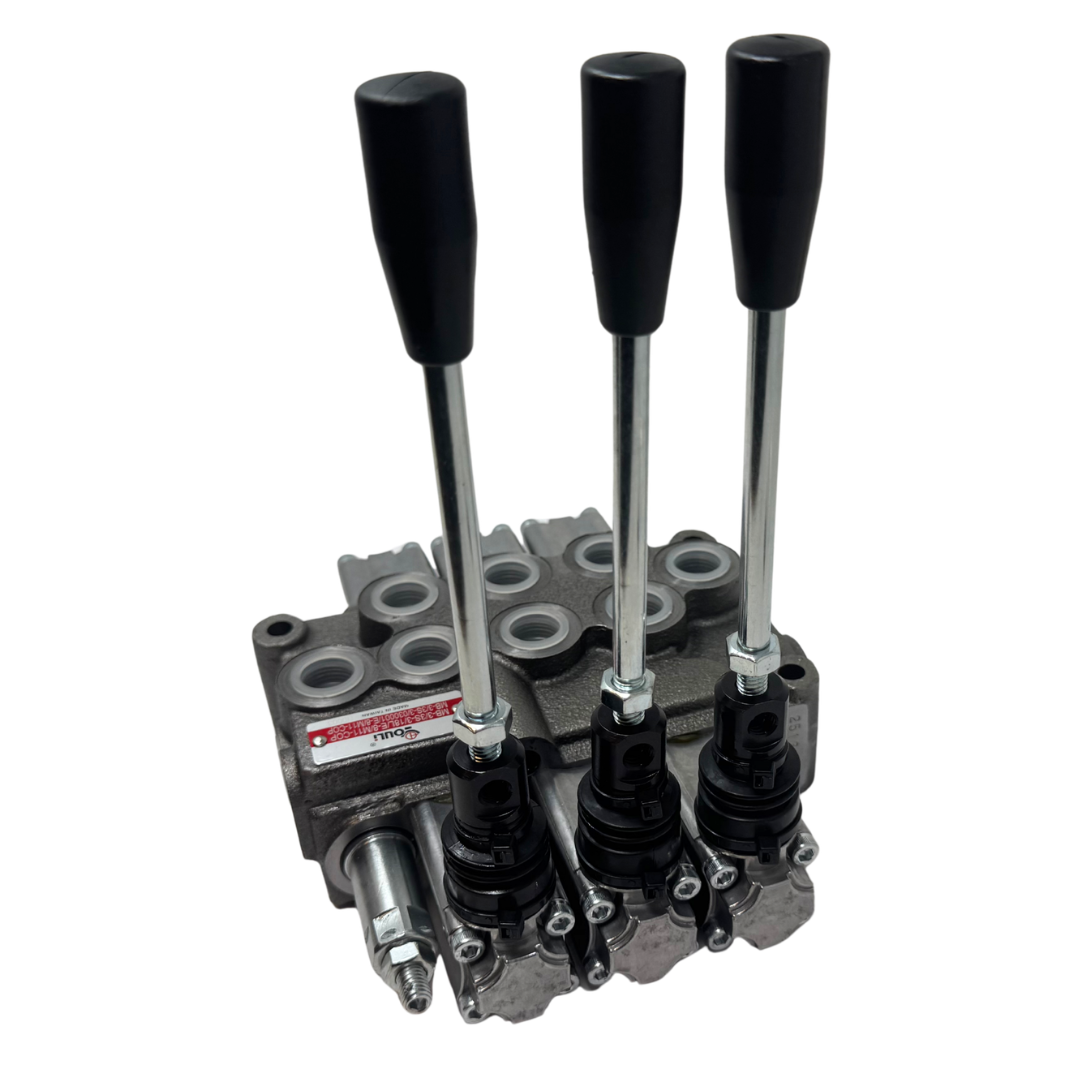 MB-3/3S-3/18L/E-8 : Youli Monoblock Directional Control Valve, 3-Section, 12GPM, 4600psi, with Direct Adjustable 900 to 2900psi Relief, Double Acting, 3-Positions, A&B Blocked, SAE #8 Ports, Spring Center, Lever Handle, Open Center