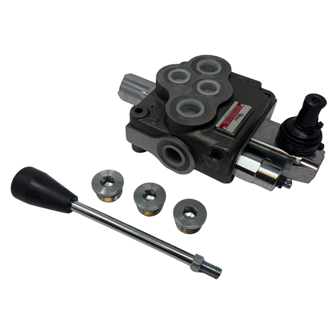 MB-5/1S-3/18L/E-12-10-12 : Youli Monoblock Directional Control Valve, 1-Section, 21GPM, 4600psi, with Direct Adjustable 1800 to 3600psi Relief, Double Acting, 3-Positions, A&B Blocked, SAE #12 Ports, Spring Center, Lever Handle, Open Center