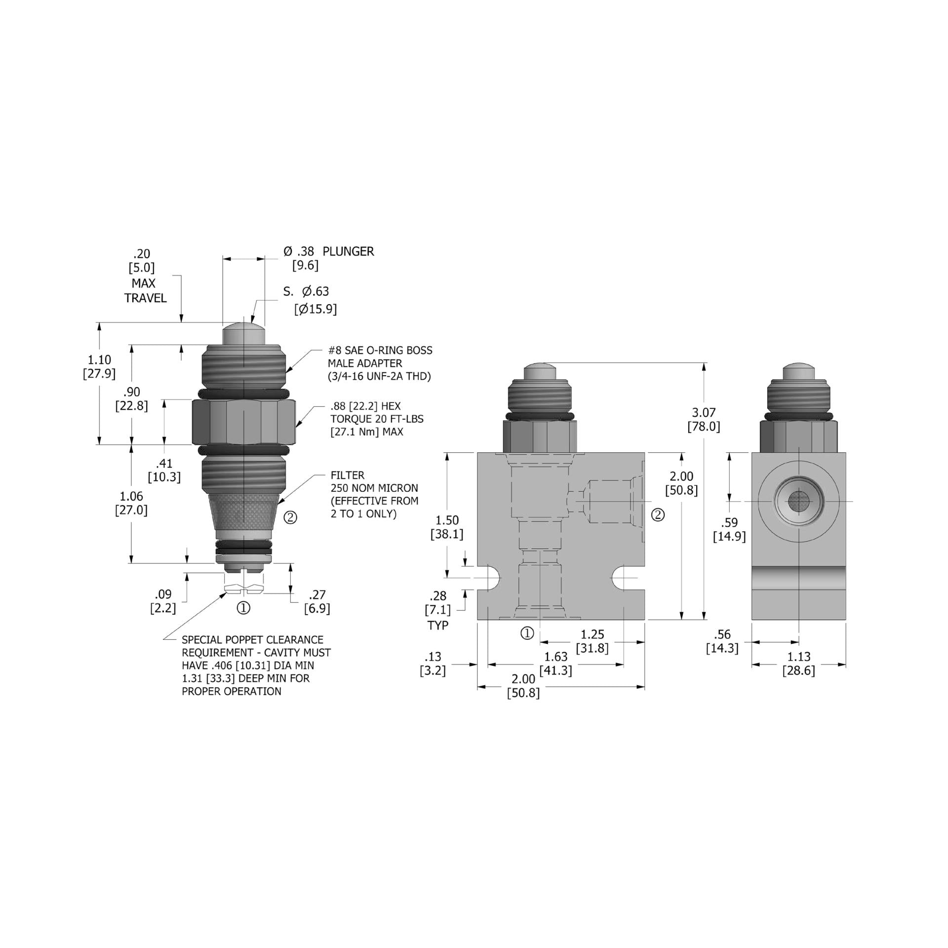 DMR2-080-N : Deltrol Directional, 2-Way, 2-Position, Normally Closed, Plunger Operated, Zero Leak, C-8-2 Cavity, 3000psi, 5GPM