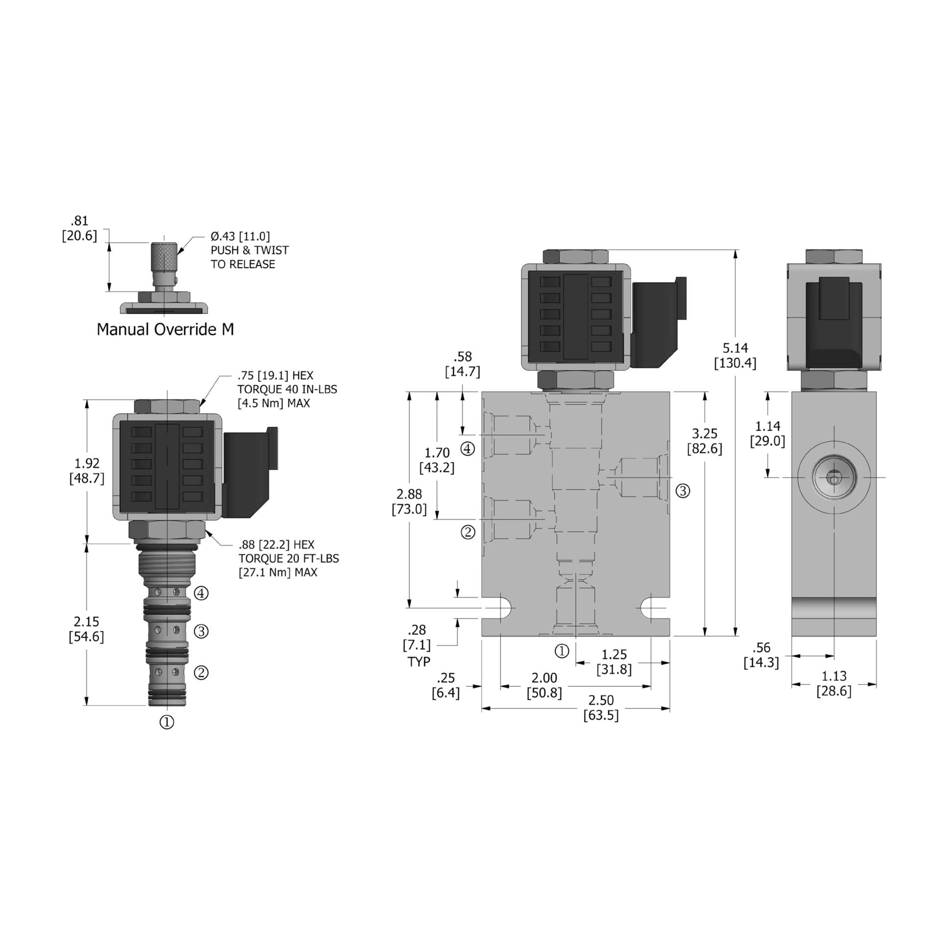 DSV2-080-4CO-N : Deltrol Solenoid Valve with NO COIL, 4-Way, 2-Position, Crossover Spool, C-8-4 Cavity, 3000psi, 3GPM