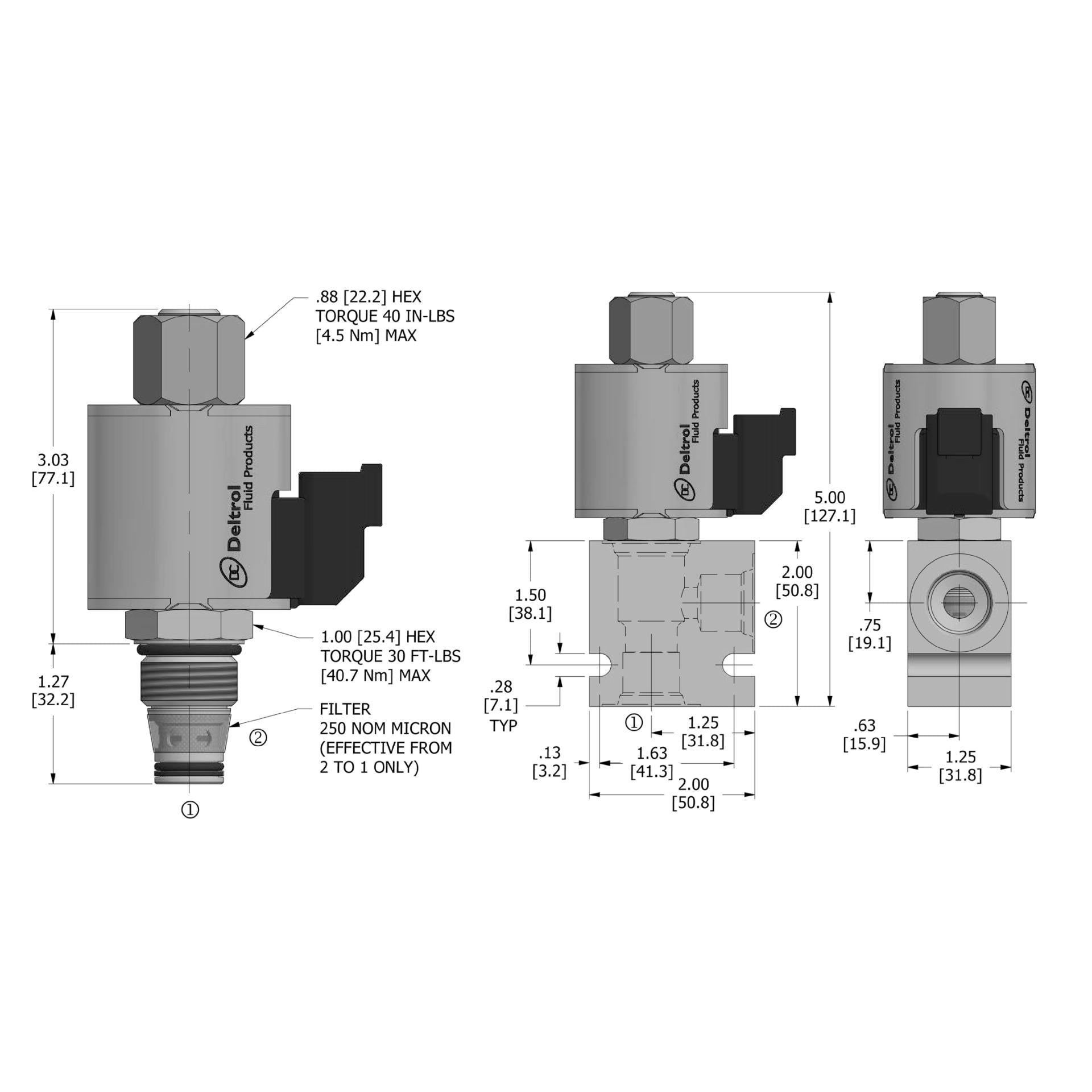 DSV2-100-2NOP-N : Deltrol Solenoid Valve with NO COIL, 2-Way, 2-Position, Normally Open Poppet, C-10-2 Cavity, 3000psi, 16GPM