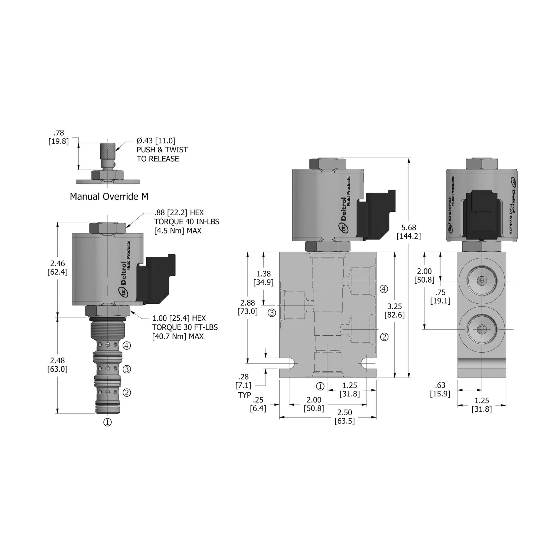 DSV2-100-4CO-N : Deltrol Solenoid Valve with NO COIL, 4-Way, 2-Position, Crossover Spool, C-10-4 Cavity, 3000psi, 6GPM