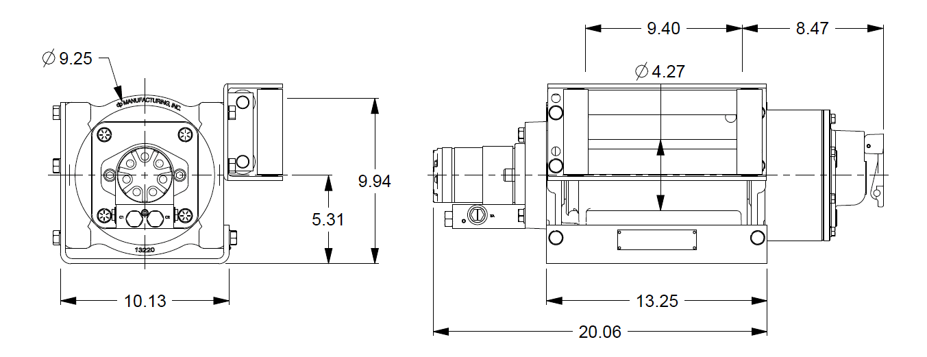12JAAF5L1H : DP Winch, 12,000lb Bare Drum Pull, Base with Fairlead, Manual Kickout/Spring Engage, CCW, Less than 18GPM Motor, 4.26" Barrel x 9.53" Length x 9.25" Flange