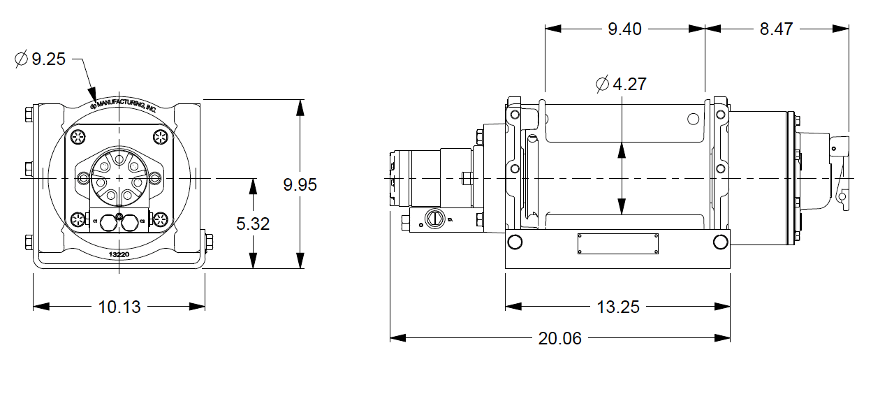 12JAAX5L1H : DP Winch, 12,000lb Bare Drum Pull, Base without Fairlead, Manual Kickout/Spring Engage, CCW, Less than 18GPM Motor, 4.26" Barrel x 9.53" Length x 9.25" Flange