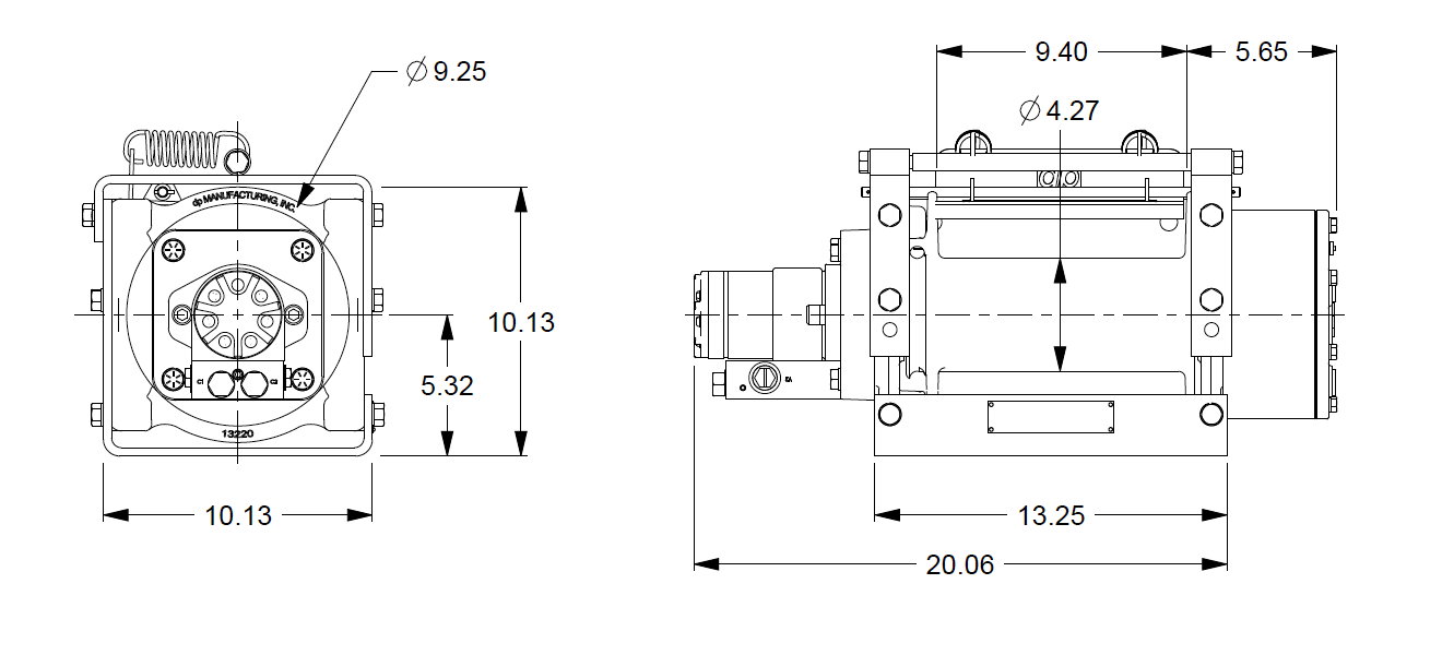 12JBAX1L1H : DP Winch, 12,000lb Bare Drum Pull, Base without Fairlead & with Tensioner, No Kickout, CCW, Less than 18GPM Motor, 4.26" Barrel x 9.53" Length x 9.25" Flange