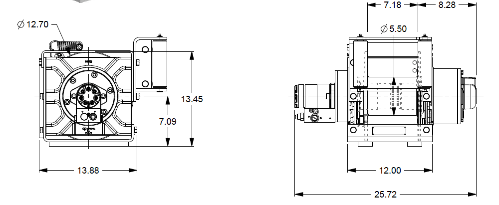 15AJAAB4L6A : DP Winch, 15,000lb Bare Drum Pull, Base with Fairlead & Tensioner, Air/Hyd Kickout, CCW, Less than 20GPM Motor, 5.5" Barrel x 7.19" Length x 12.75" Flange