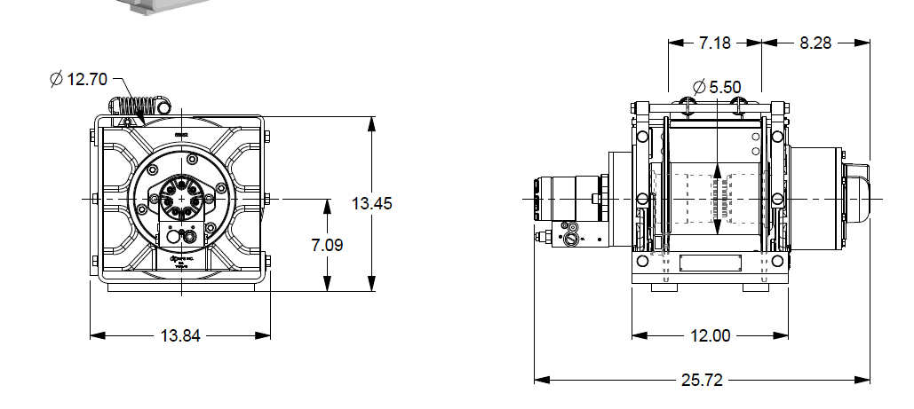 15AJAAT4L6A : DP Winch, 15,000lb Bare Drum Pull, Base with Tensioner, Air/Hyd Kickout, CCW, Less than 20GPM Motor, 5.5" Barrel x 7.19" Length x 12.75" Flange
