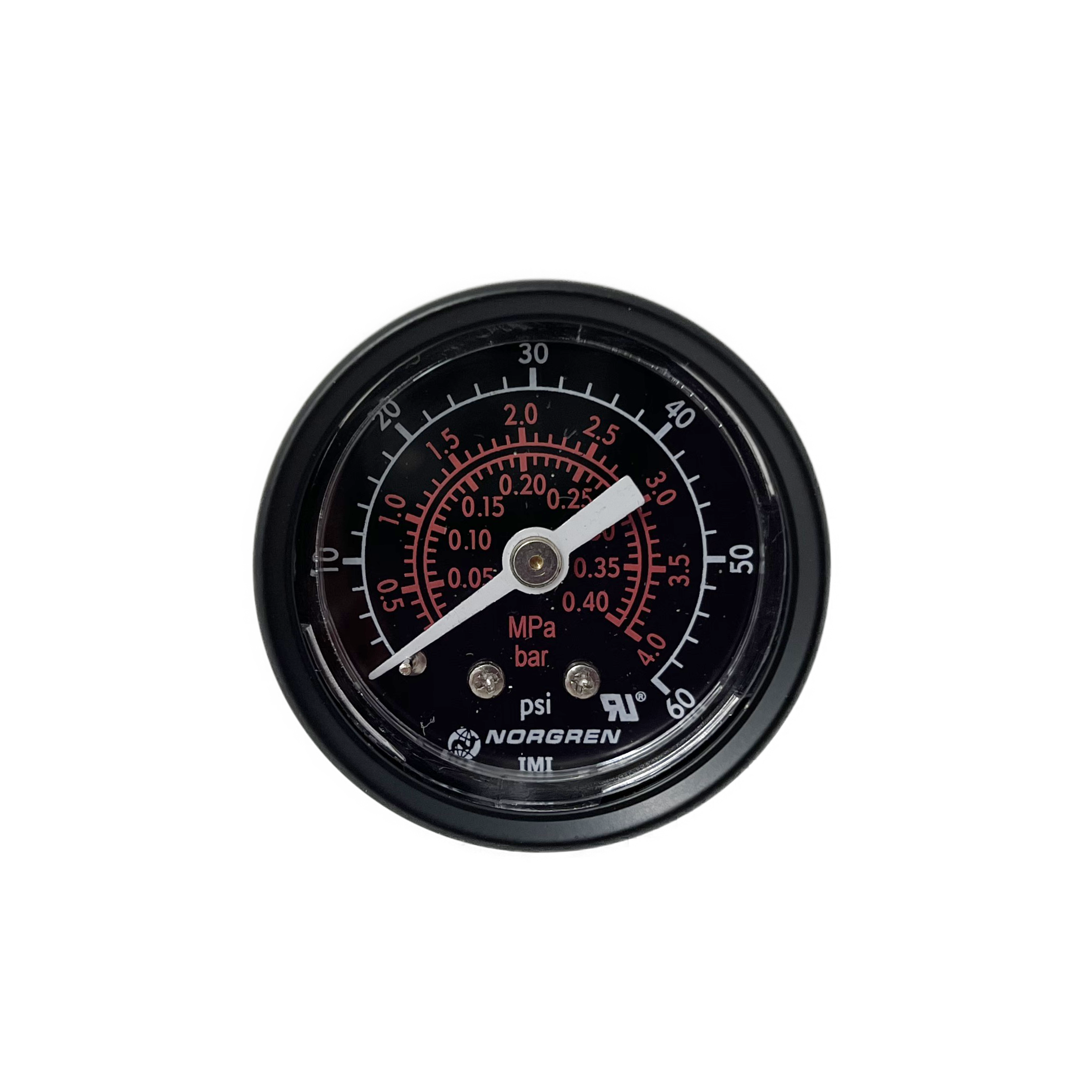 18-015-211 : Norgren Gauge, 1/8 NPT connection, 0 to 60psi, Center Back Mount, 1.5" Gauge Face