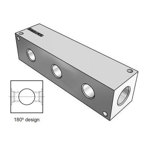 AH1800312P : Daman Header Manifold, Aluminum, 3000psi, 180 Degree, Three Station, 3/4 NPT Ports