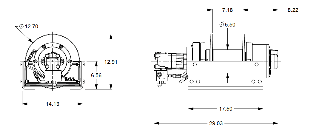 20AAX4L2G : DP Winch, 20,000lb Bare Drum Pull, Base only, Air/Hyd Kickout, CCW, Less than 25GPM Motor, 5.5" Barrel x 7.19" Length x 12.75" Flange