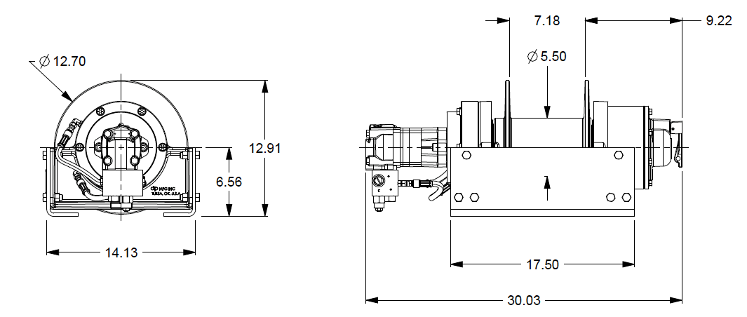 20AAX5L2G : DP Winch, 20,000lb Bare Drum Pull, Base only, Manual Kickout/Spring Engage, CCW, Less than 25GPM Motor, 5.5" Barrel x 7.19" Length x 12.75" Flange