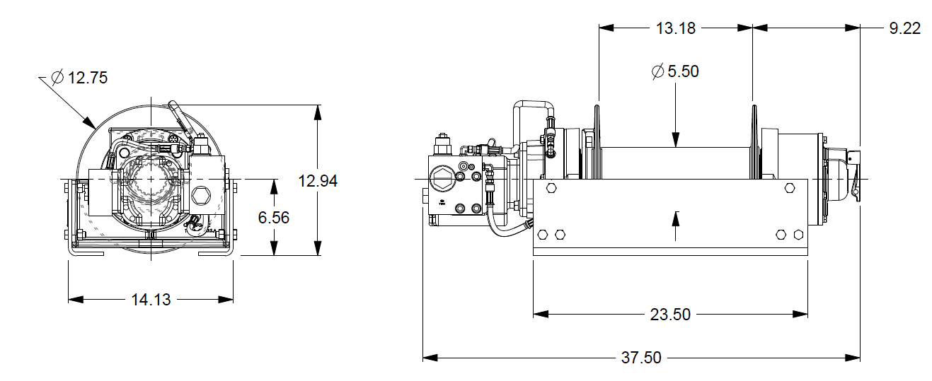 20BBX5L1G : DP Winch, 20,000lb Bare Drum Pull, Base only, Manual Kickout/Spring Engage, CCW, More than 25GPM Motor, 5.5" Barrel x 13.19" Length x 12.75" Flange