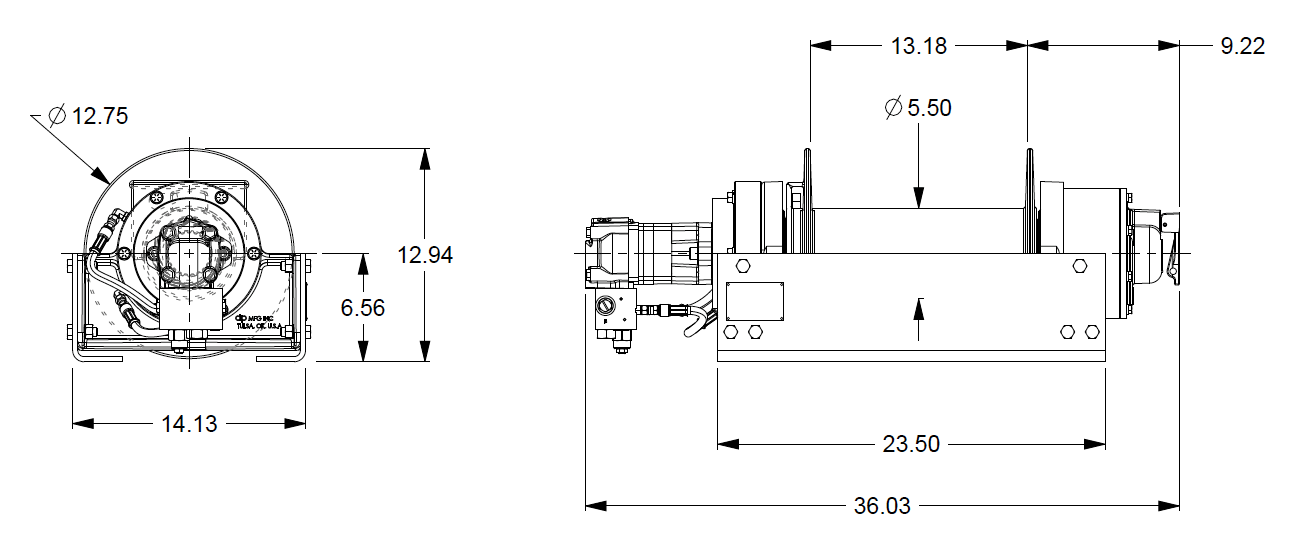 20BBX5R2G : DP Winch, 20,000lb Bare Drum Pull, Base only, Manual Kickout/Spring Engage, CW, Less than 25GPM Motor, 5.5" Barrel x 13.19" Length x 12.75" Flange