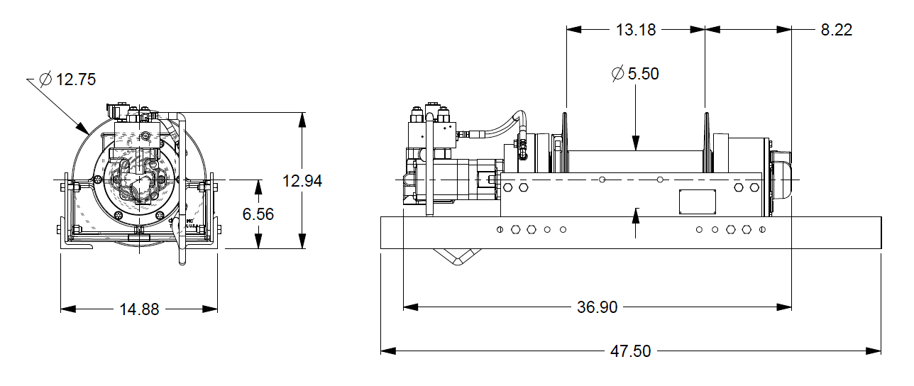 20BCX4L5G : DP Winch, 20,000lb Bare Drum Pull, 47.5" Extended Base only, Air/Hyd Kickout, CCW, 12VDC 2-Speed, Less than 25GPM Motor, 5.5" Barrel x 13.19" Length x 12.75" Flange
