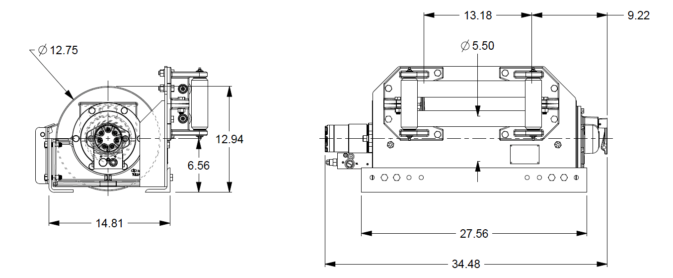 20BEF5L6G : DP Winch, 20,000lb Bare Drum Pull, 27.6" Base with Fairleads & Tensioner, Manual Kickout/Spring Engage, CCW, Less than 20GPM Motor, 5.5" Barrel x 13.19" Length x 12.75" Flange