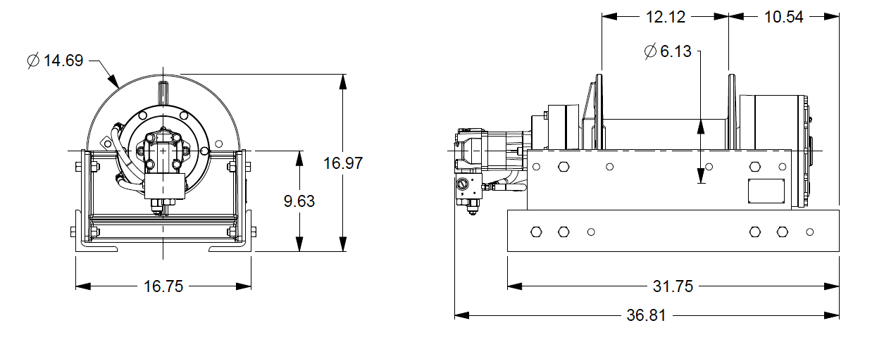 25AAX1L2F : DP Winch, 25,000lb Bare Drum Pull, 31.75" Base only, No Kickout, CCW, Less than 25GPM Motor,  6.13" Barrel x 12.12" Length x 14.69" Flange