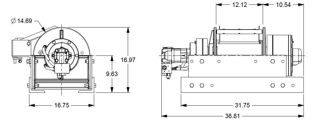 25ACX4L2F : DP Winch, 25,000lb Bare Drum Pull, 31.75" Base Air CHD, Air/Hyd Kickout, CCW, Less than 25GPM Motor,  6.13" Barrel x 12.12" Length x 14.69" Flange