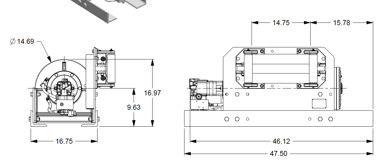25BBF1L5F : DP Winch, 25,000lb Bare Drum Pull, 47.75" Base with Fairleads, No Kickout, CCW, 12VDC 2-Speed, Less than 25GPM Motor, 6.13" Barrel x 14.74" Length x 14.69" Flange