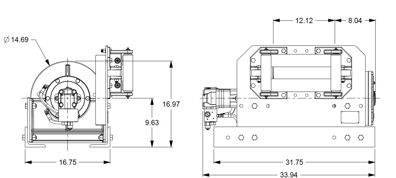 30AAF1L2F : DP Winch, 30,000lb Bare Drum Pull, 31.75" Base with Fairleads, No Kickout, CCW, Less than 25GPM Motor, 6.13" Barrel x 12.12" Length x 14.69" Flange