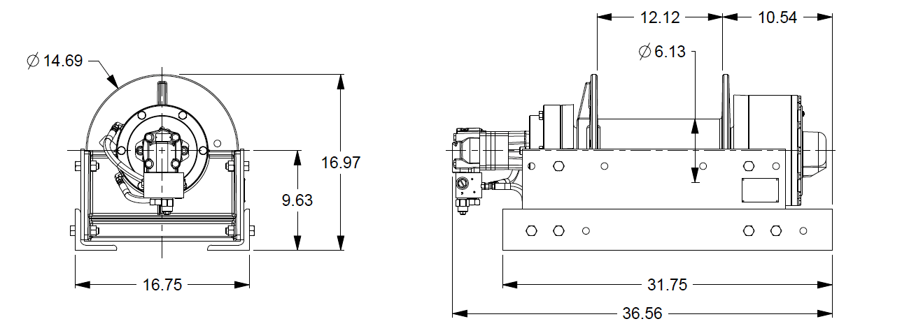 30AAX4L2F : DP Winch, 30,000lb Bare Drum Pull, 31.75" Base only, Air/Hyd Kickout, CCW, Less than 25GPM Motor,  6.13" Barrel x 12.12" Length x 14.69" Flange