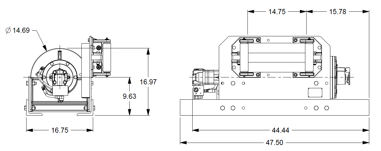 30BBF5L2F : DP Winch, 30,000lb Bare Drum Pull, 47.75" Base with Fairleads, Manual Kickout/Spring Engage, CCW, Less than 25GPM Motor,  6.13" Barrel x 14.74" Length x 14.69" Flange
